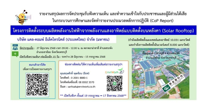 รายงานสรุปการจัดประชุมฯ โครงการติดตั้งระบบผลิตพลังงานไฟฟ้าจากพลังงานแสงอาทิตย์แบบติดตั้งบนหลังคา (Solar Rooftop)